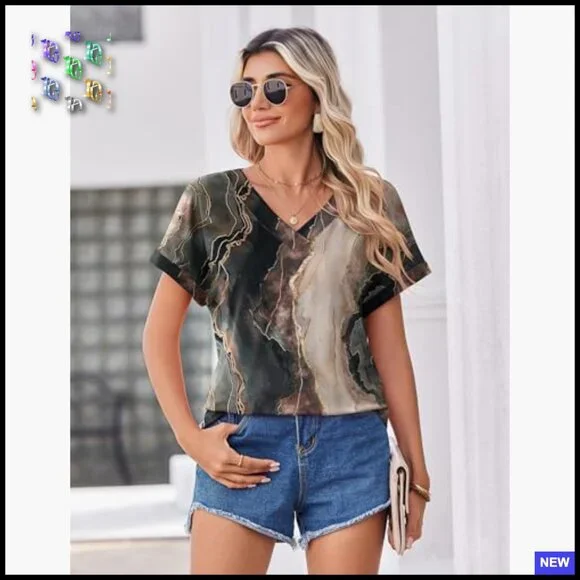 Rolled Sleeve V-Neck Blouse Classic Elegant Business Casual Summer Top - Picture 4 of 6